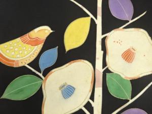 アンティーク　塩瀬　椿に鳥模様名古屋帯